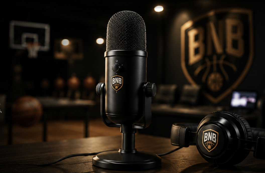 BNB podcast studio with microphone, headphones, and basketball